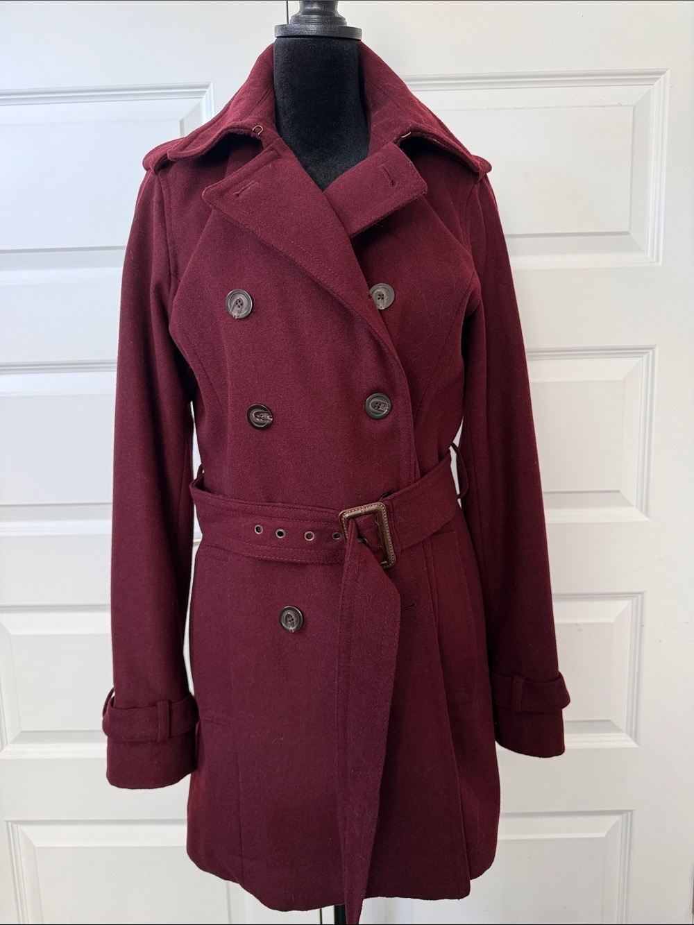 Banana Republic Burgundy Double-Breasted Wool Trench Coat with Belt